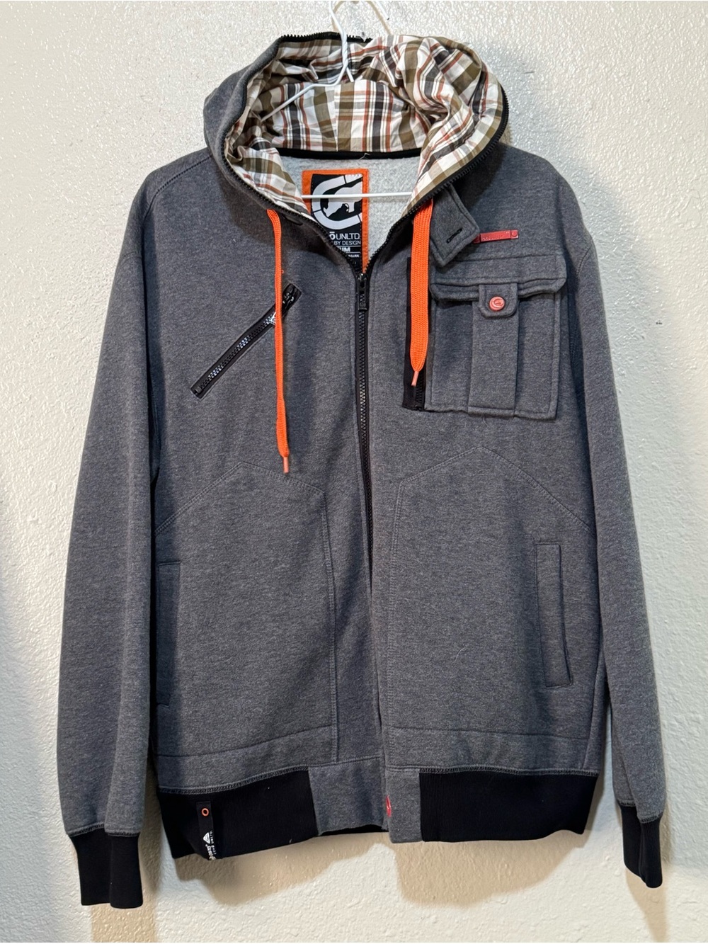 Vtg. Y2K Ecko Unitd Full Zip Grey/Plaid Hoodie M Sz. M Streetwear Skater Grunge